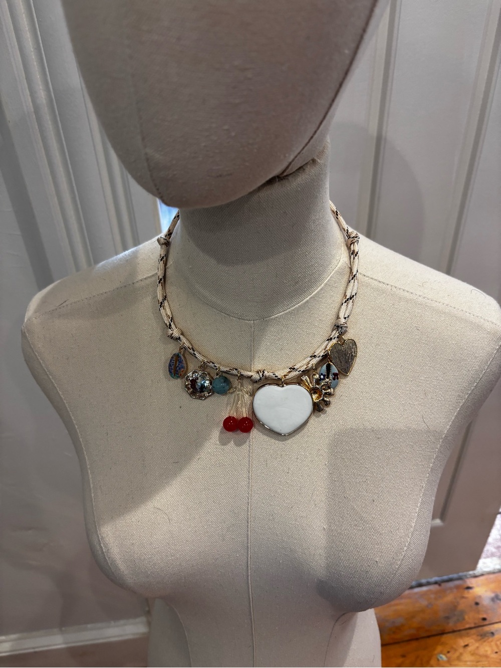 Anthropologie White Heart Charm Beaded Necklace with Red Accents